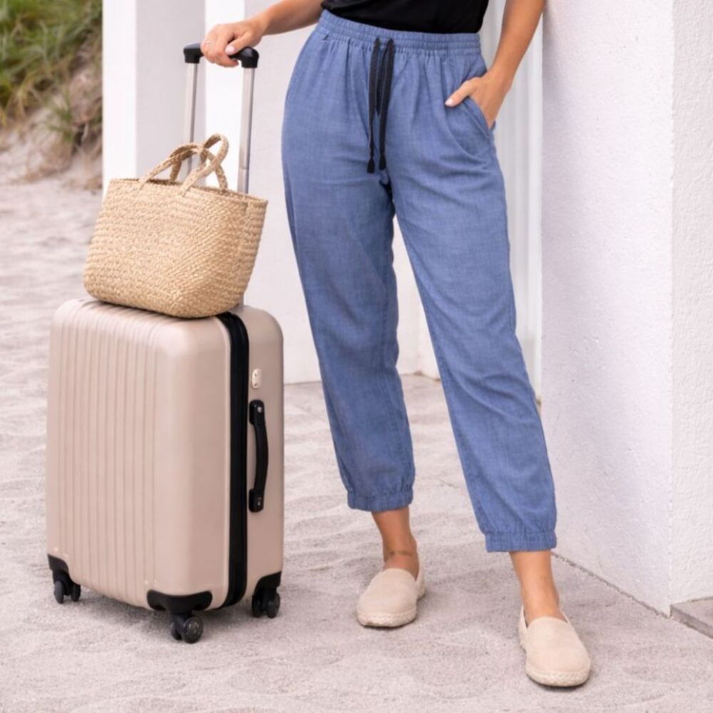 Point Sur Seaside Cotton Pants Sz 4 Blue High Waist Cropped Stretch Waist Comfy - Picture 2 of 14